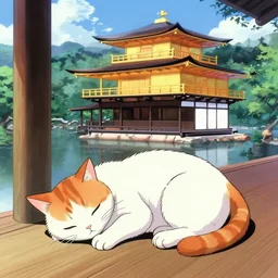 a cat dozing off on a porch by kinkakuji, sprite, vaporwave nostalgia, directed by beat takeshi, visual novel cg, 8 0 s anime vibe, kimagure orange road, maison ikkoku, sketch by akira toriyama