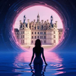 silhouette of a sexy woman emerging from pink and royal blue water in cyberpunk theme looking at an opening interstellar portal to renaissance italy, the portal opens to chateau de chambord, intricate, elegant, by adim kashin, martine johanna, yoann lossel, jakub rebelka, rule of thirds, visually stunning