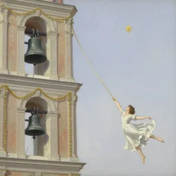 breathtaking detailed soft painting of me stretching ropes from bell tower to bell tower, garlands from window to window, golden chains from start to star and dancing, rembrandt style, elegant, highly detailed, artstation, concept art, matte, sharp focus, art by tom bagshaw, and greg rutkowski