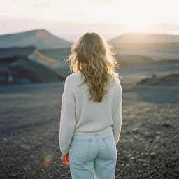 photograph of a beautiful!!! woman! from the back standing in a volcanic field by mark owen. scotland mood. pastel colors. kodak portra 4 0 0 film!!. whirl bokeh!. mamiya 7. highly detailed. hq. photoreal. golden hour. lens flare. faded film. in - frame