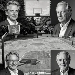 a photograph of an empty basketball court in a scenic location, in the styles of cameron look, andrew bernstein, and ansel adams. intricate, hyperrealistic, monochrome hdr, accurate court