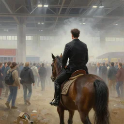 a man with short dark hair, riding a horse in the fog, entering a crowded convention center with a tall ceiling and hundreds of people, epic, oil painting, hyper realistic,