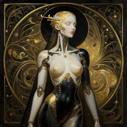 extremely psychedelic beautiful cyborg queen of lsd infected by night. intricate, elegant, highly detailed, extremely lifelike photorealistic digital painting, artstation. steichen, gaston bussiere, tom bagshaw, cyberpunk alphonse mucha. elegant minimalism. anatomically correct in every way. sultry. sharp focus. gold and black, white accents. melancholic. lifelike