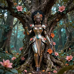 hyperrealistic post - rococo cinematic super expressive! yoruba goddess with exoskeleton armor, merging with tree in a forest, pink orange flowers, highly detailed digital art masterpiece, smooth cam de leon eric zener dramatic pearlescent soft teal light, ground angle hd 8 k, sharp focus