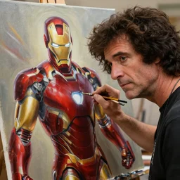 a closeup photorealistic photograph of bob ross working on a canvas painting featuring iron man. film still. this 4 k hd image is trending on artstation, featured on behance, well - rendered, extra crisp, features intricate detail, epic composition and the style of unreal engine.
