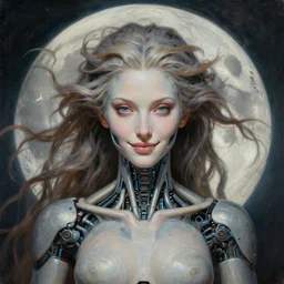perfectly centered portrait front view of a beautiful biomechanical moon goddess, flowing hair, intense stare, sweet smile, symmetrical, concept art, intricate detail, volumetric shadows and lighting, realistic oil painting by tim hildebrandt,