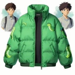 concept art of a big puffer jacket with caterpillar patterns, green japanese street fashion, gapmoe yandere grimdark, trending on pixiv fanbox, painted by greg rutkowski makoto shinkai takashi takeuchi studio ghibli, akihiko yoshida