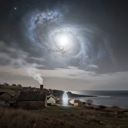 a beautiful double exposure of the astronomy picture of the day, nebula, with a ghost in a rural seaside village landscape at night, soft white light, muted, neutral light, light blue tones, chimney smoke, long exposure clouds, unreal engine