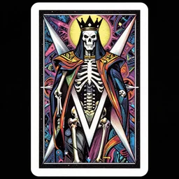taro deck card king and psychedelic grainshading print by moebius, richard corben, wayne barlowe, cyberpunk comic cover art, psychedelic triangular skeleton, very intricate, thick outline, full body, symmetrical face, long black crown, in a shapes background, galactic dark colors