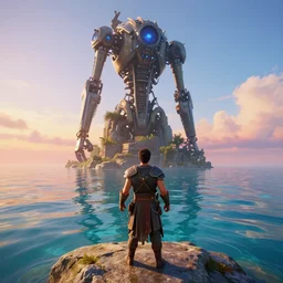 full length portrait of a male warrior exploring a tall mysterious mechanical contraption near the ocean with clear water, rendered in bryce 3 d and daz, ray - tracing, water ripples, sunset, vibrant color, depth of field, cinematic lighting, sharp focus, rule of thirds, trending on artstation