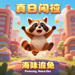 ad poster for exciting funny video game with happy raccoon jumping in cartoon city 3 d beautiful blender trending on artstation