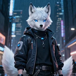 character portrait of a male anthro albino wolf fursona with a tail and a cute beautiful attractive detailed furry face wearing stylish cyberpunk clothes in a cyberpunk city at night while it rains. hidari, color page, tankoban, 4K, tone mapping, Akihiko Yoshida. Nomax, Kenket, Rukis. comic book style, photorealistic, professional lighting, hyperdetailed, high resolution, high quality, dramatic, deviantart, artstation, 4k, real photo