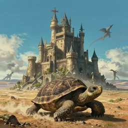 large fantasy castle rising from the top of a giant tortoise, towering over a harsh barren sandy wasteland, distant shot angled slightly up, fantasy, hyper detailed, 4 k, howls moving castle, mortal engines, kaiju,