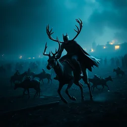 batman riding red deer in battlefield, dark, cinematic lighting, chaotic, wide shot