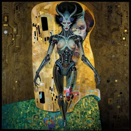 stunning cybernetic demon trapped in circuitry hellscape, intricate detail, jazz age, klimt, miro, royo, whealan, figure study,