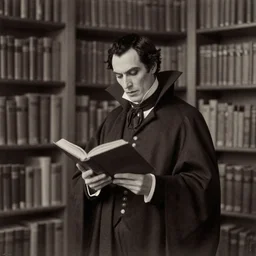 nosferatu dracula as a librarian vampire reading a book in a giant library, daguerreotype photograph