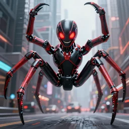 a robot humanoid spider in a city, with 4 arms with claws, glowing red eyes, in a black carbon and red fiber armor, smiling creepily, dynamic lighting, photorealistic fantasy concept art, trending on art station, stunning visuals, creative, cinematic, ultra detailed