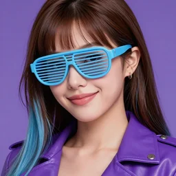 closeup painting of a very beautiful young mexican cyberpunk woman with a smirk, wearing light blue venetian blind shades and a purple coloured leather jacket, one side haircut, long brown hair with light blue ends, portrait, hyperdetailed, artstation, cgsociety, 8 k, synthwave!!! image