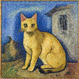 golden cat with a black spot on her trunk, an old house with a window over a hill, blue sky, oil painting, cubism, by pablo picasso