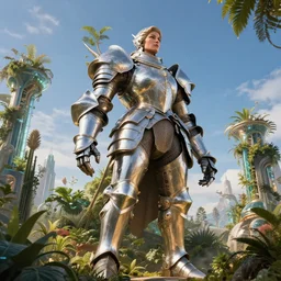 a heavy massive female knight in a hi-tech botanical world with blue skies | style of donato giancola, vincent callebaut, dramatic light | high detail | cinematic lighting | pristine metals, glass, plants | solarpunk | golden hour | volumetric lighting | strong wide body | concept art |