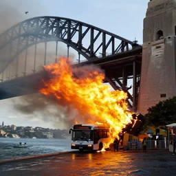 a bus on fire falling off sydney harbour bridge