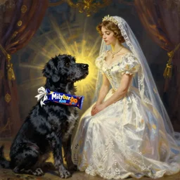 stylish painting of the Milkybar kid marrying undead dog bride. In the style of JC Leyendecker