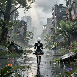 nier automata yorha type 2 b walking in post apocalyptic flooded city, city ruins rainy melancholy day, lots of trees, dense vegetation, unreal engine, cryengine, epic engine, volumetric lighting, ray tracing, rtx on, exposure, god rays, overcast, ambient lighting, blooming flowers, 3 d render, cinematic, subtle, moderate saturation