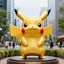 golden statue of a pikachu in the center of tokyo, photo