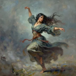 a female shaman wizard dances or fight with the wind, painting by jeffrey catherine jones