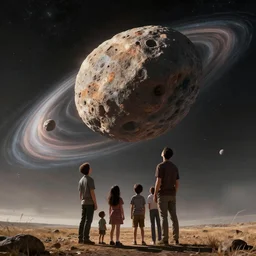 a family on the ground looking up in the sky to a big asteroid entering the atmosphere, digital art, poster
