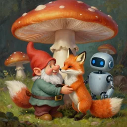 painting depicting a gnome and a fox embracing under a large mushroom, a friendly robot, highly detailed, in the style of peter mohrbacher, michael cheval, octane render, unreal engine, trending on artstation