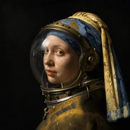 a woman's face in profile, wearing a glass space helmet with brass controls and a cloak, in the style of the dutch masters and gregory crewdson, dark and moody