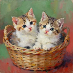 highly detailed painting of cute furry calico kittens cuddled up in a basket by william turner, thick brush strokes and visible paint layers, 4 k resolution, red and green colour scheme