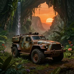 a sci fi rusty and dirty military vehicle in a prehistoric jungle cave, lush flora, waterfall, mountains, flowers, vines, orange sky, dark, sunset, hazy, volumetric lighting, rtx on, photorealistic render, unreal engine 5
