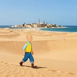 Tintin crossing the Arabian dessert near the Arabian ocean, ottoman city is in the horizon