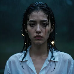 a photo by paolo roversi of a young woman with mascara running down her cheek, wet in the rain, low - key lighting, backlit, dark, soaked white clothing, hasselblad