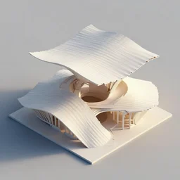 unfinished furry sculptural pleated curved roof planes lift and descend creating shade and architectural expression, 3 d top view axonometric, dramatic surrealist form, morning light, lightweight structures, isometric