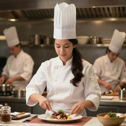 portrait of attractive female chef wearing a chef's hat ( very long dark hair tied in a ponytail ) cooking a meal, ( ( wholesome, ) ) blurry background of the kitchen of a highend restaurant, bloom, medium shot, waist up, dramatic lighting, in the style of studio ghibli, j. c. leyendecker, greg rutkowski, artgerm