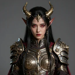 A close-up portrait of a beautiful woman demon priestess wearing finely detailed armor forged by the ancient gods blood eyes with studio lighting background unreal engine trending on artstation