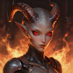 portrait of realistic alien with horns. red eyes, human eyes, background flames, sci - fi, tech wear, volumetric lighting, intricate, elegant, highly detailed, digital painting, artstation, concept art, illustration, bokeh, film noir - h 7 0 4