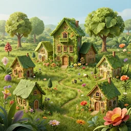 a hiper intricate 3 d artwork of a beatifull little houses made from big leaves and flowers in the serene field, intricate, highly detailed, digital painting, artstation, concept art, extremely detailed, sharp focus, octane render wide view, smooth, digital illustration, colorfull, by wlop, by hieronimus bosch, in style of mark ryden