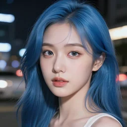 a gorgeous korean girl with blue hair, photo, night city background speed run professionally retouched, soft lighting, feather hair, realistic, smooth face, perfect eyes, wide angle, sharp focus on eyes, 8 k high definition, insanely detailed, intricate, elegant, art by artgerm and greg rutkowski and j scott campbell