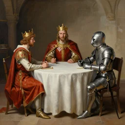 matte painting of king arthur and lancelot sitting at the round table, edward robert hughes