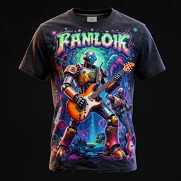 tour tshirt of a fictive rockband with 3 dieselpunk robots playing guitar, 8 k, flourescent colors, halluzinogenic, multicolored, exaggerated detailed, front shot, 3 d render, octane