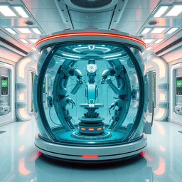 a single large glass chamber with multiple robotic manipulators inside, highly integrated futuristic automatic medical care unit in a cyberpunk hospital lab, highly detailed, vibrant, hyperdetailed scifi concept art, artstation, hdr, rtx, octane render, cgsociety, solidworks