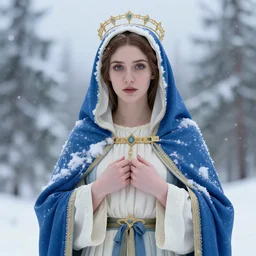 virgin mary cosplay, beautiful face, north pole, blizzard, artstation, 4 k, proper body build, good light