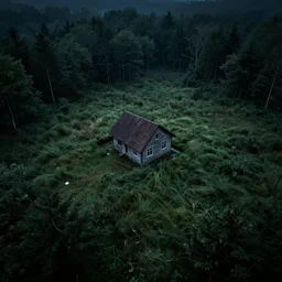 mysterious grassy landscape with a singular house at night, horror, hyperdetailed, top view, forest in the background
