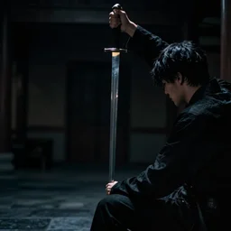 a sword hanging over a man sitting in the dark cinematic 3 5 mm moody hdr
