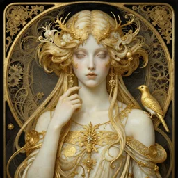 a beautiful girl made of ivory and gold, highly intricate, digital art, very detailed, in the style of a weird and dark eerie liminal art nouveau flemish painting