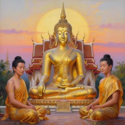 a beautifully detailed oil painting of a buddha statue in front of a thai temple with a gorgeous sunrise, by thawan duchanee and jatuporn traisuwan, trending on artstation